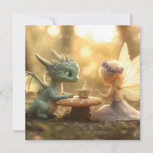 Tarjeta Festiva Dragón de bebé dulce y hadas disfrutando del té