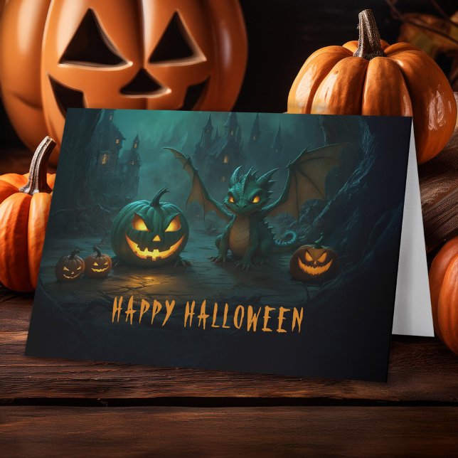 Tarjeta Festiva Dragón de Halloween con calabazas aterradoras (Subido por el creador)