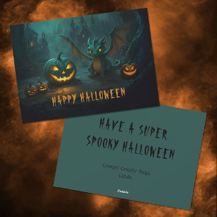 Tarjeta Festiva Dragón de Halloween lindo con calabazas espantosas