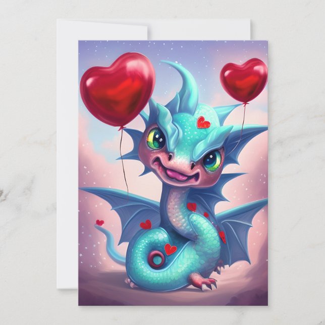 Tarjeta Festiva Dragón de San Valentín azul lindo (Anverso)