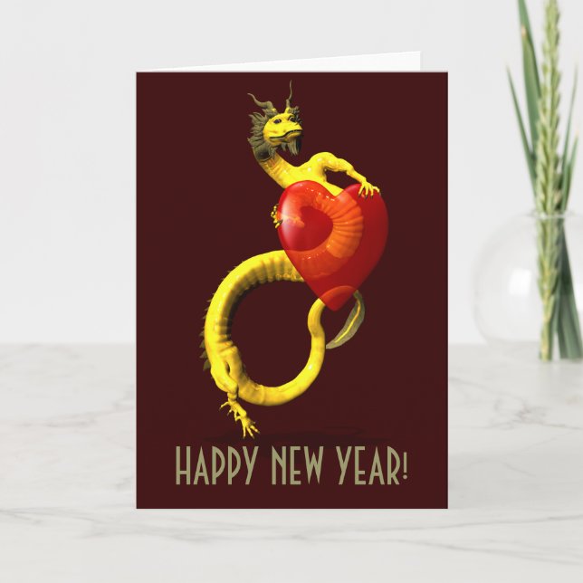 Tarjeta Festiva Dragón dorado con gran corazón rojo (Anverso)