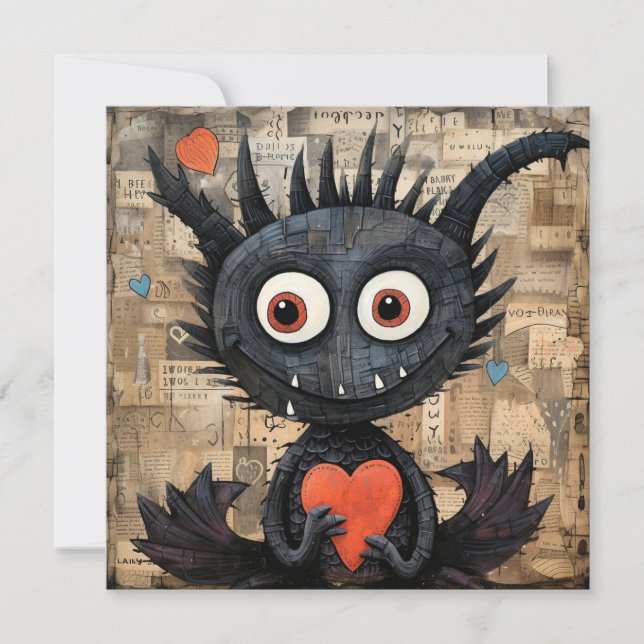 Tarjeta Festiva Dragón Gato de San Valentín Sosteniendo un Corazón (Anverso)