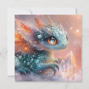 Tarjeta Festiva Dragón infantil adorable con gema de cristal: arte