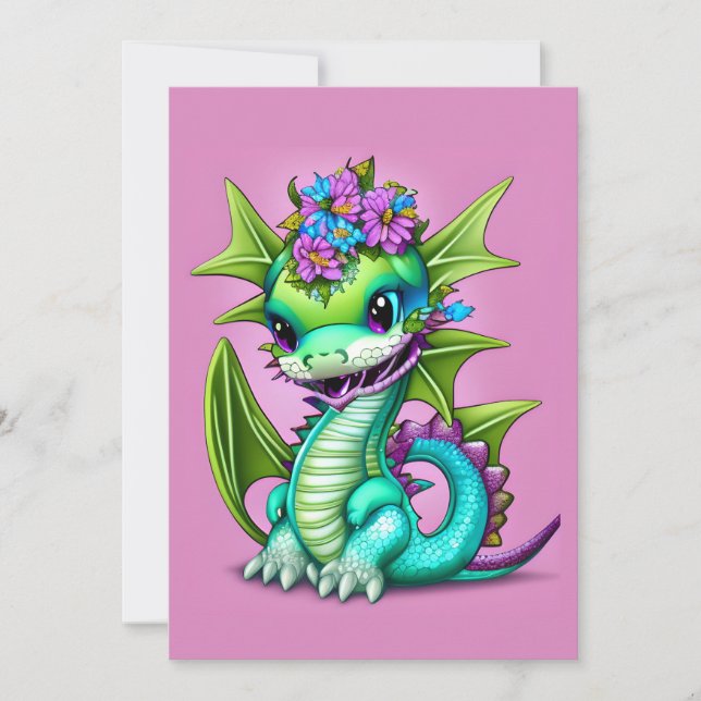Tarjeta Festiva Dragón infantil morado y verde (Anverso)