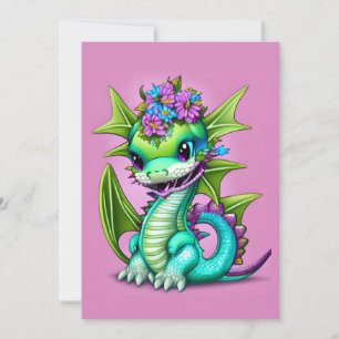 Tarjeta Festiva Dragón infantil morado y verde