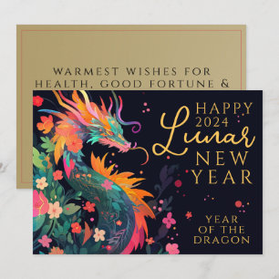 Tarjeta Festiva Dragón moderno Floral china de Año Nuevo Lunar