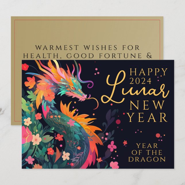 Tarjeta Festiva Dragón moderno Floral china de Año Nuevo Lunar (Anverso / Reverso)