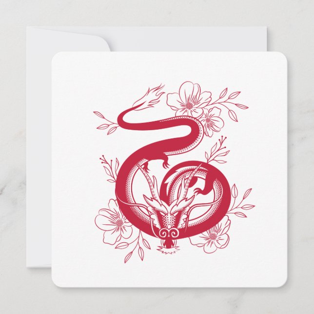Tarjeta Festiva Dragón rojo de Año Nuevo chino con flores (Anverso)