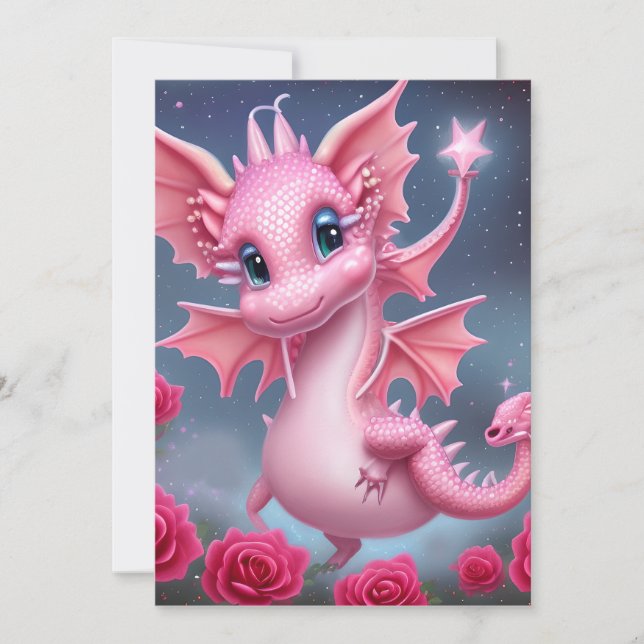 Tarjeta Festiva Dragón rosa lindo con flores rosadas (Anverso)