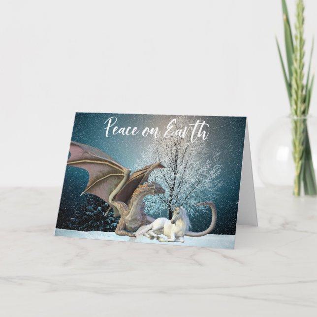 Tarjeta Festiva Dragon Unicorn Peace on Earth Fantasy Holiday (Anverso)