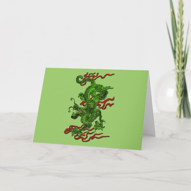 Tarjeta Festiva Dragón verde con las cintas rojas ropa y regalos (Anverso)