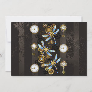 Tarjeta Festiva Dragoniscos de Steampunk sobre fondo rayado marrón