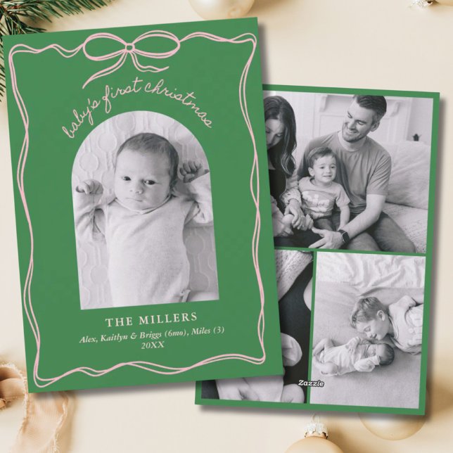 Tarjeta Festiva Drama de la mano Moderna Whimsical Rosa y Bow Verd (Hand Drawn Modern Whimsical Pink & Green Bow Baby Holiday Card
)