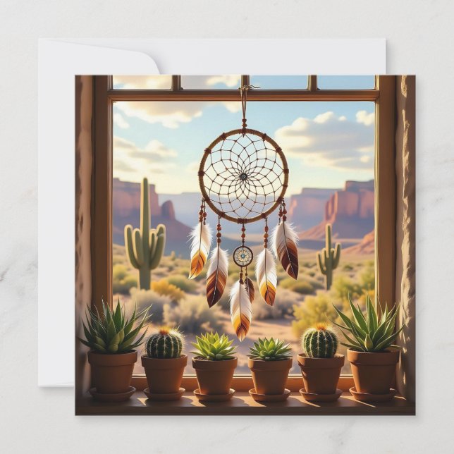 Tarjeta Festiva Dreamcatcher, Desert Canyons, Cacti   (Anverso)