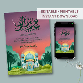 Tarjeta Festiva Dreamy Sunset Mosque and Crescent Moon Eid Card