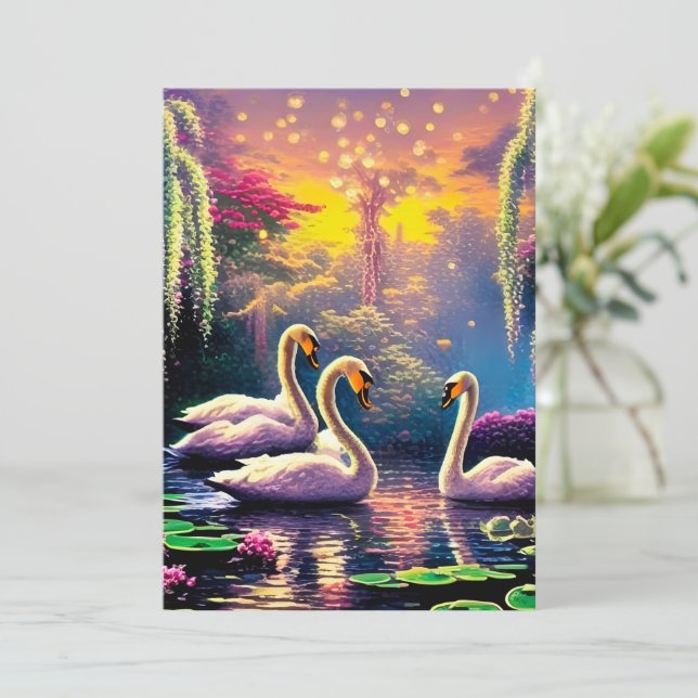 Tarjeta Festiva Dreamy Swans (Anverso de pie)