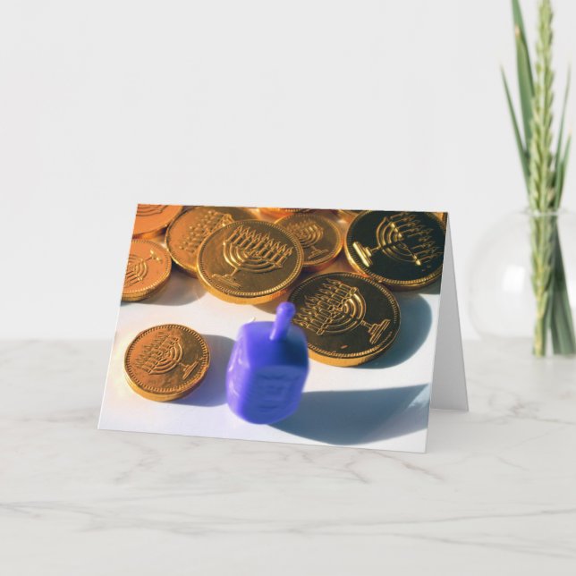 Tarjeta Festiva Dreidel de giro con Gelt (monedas del chocolate) (Anverso)