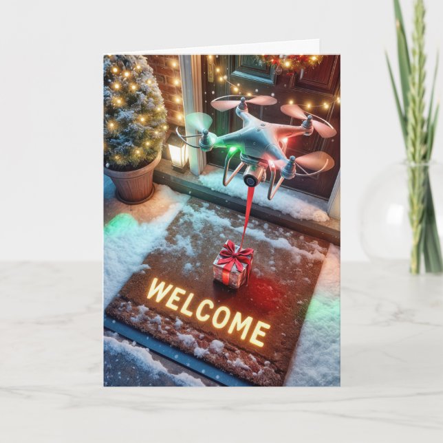 Tarjeta Festiva Drones navidades entregando un regalo (Anverso)