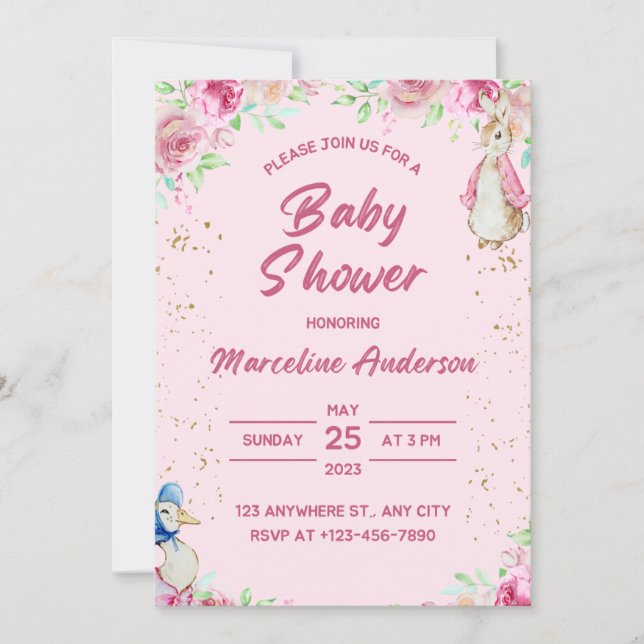 Tarjeta Festiva ducha de bebé invitación, rosa (Anverso)
