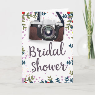 Tarjeta Festiva Ducha de novia Flores vintage y cámara clásica
