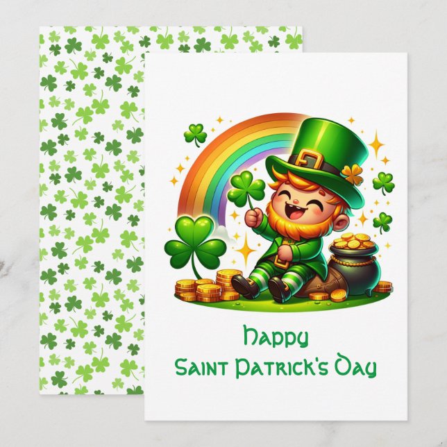Tarjeta Festiva Duende Alegre: Festivo Día de San Patricio  (Anverso / Reverso)