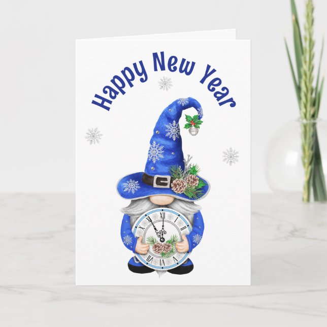 Tarjeta Festiva Duende azul de Año Nuevo con reloj (Anverso)