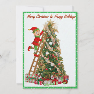 Tarjeta Festiva Duende Caprichoso Subiendo Escalera a Árbol