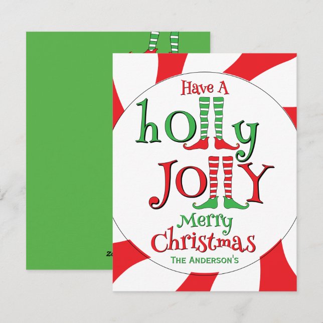 Tarjeta Festiva Duende de Torbellino de Menta ¡Holly Jolly Feliz N (Anverso / Reverso)