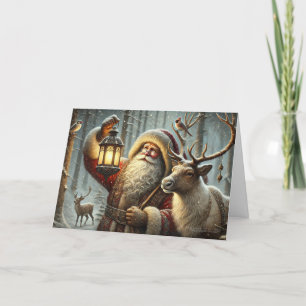 Tarjeta Festiva Duende Linterna de Santa del Viejo Mundo Reno Aves