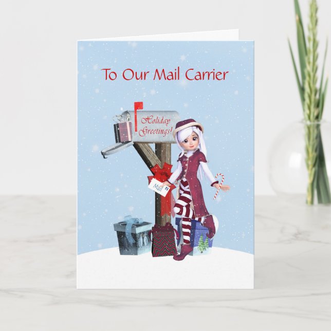 Tarjeta Festiva Duende y buzón Felices Fiestas Al Cartero (Anverso)