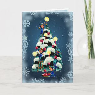 Tarjeta Festiva duendes adornando el ÁRBOL & ESTRELLAS por SHARON 