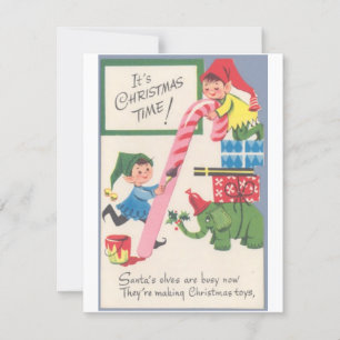 Tarjeta Festiva Duendes Navideños Vintage Fabricando Juguetes