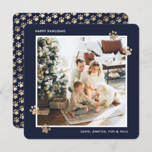 Tarjeta Festiva Dueño del mascota Blue Gold Photo Happy Pawlidays 