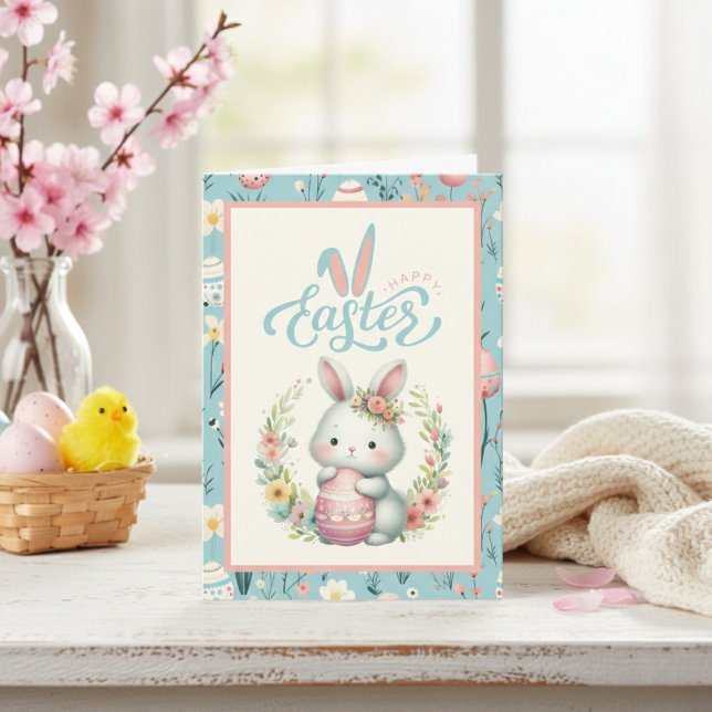 Tarjeta Festiva Dulce conejo floral con huevo Feliz Personalizado  (Sweet Floral Bunny With Egg Happy Easter Custom Holiday Card)