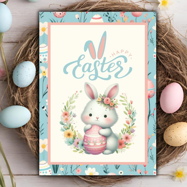 Tarjeta Festiva Dulce conejo floral con huevo Feliz Personalizado  (Sweet Floral Bunny With Egg Happy Easter Custom Holiday Card)