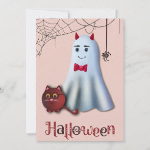 Tarjeta Festiva Dulce Diablo Fantasma y Gato Halloween