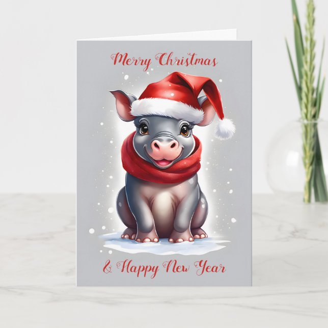 Tarjeta Festiva Dulce dulce Hippopótamo Santa Hat Año Nuevo (Anverso)