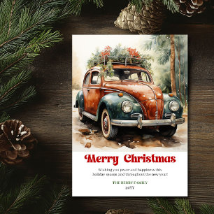 Tarjeta Festiva Dulce escena navideña rústica coche rojo invierno