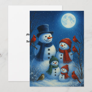 Tarjeta Festiva Dulce familia de muñeco de nieve en una noche neva