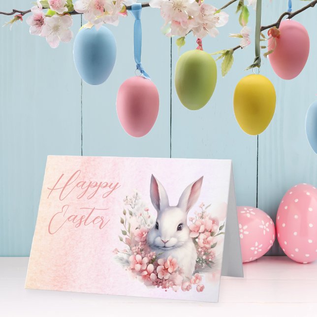Tarjeta Festiva Dulce Floral acuarela Semana Santa Feliz Pascua (Sweet Floral Watercolor Easter Bunny "Happy Easter" Holiday Greeting Card with Inside Message)