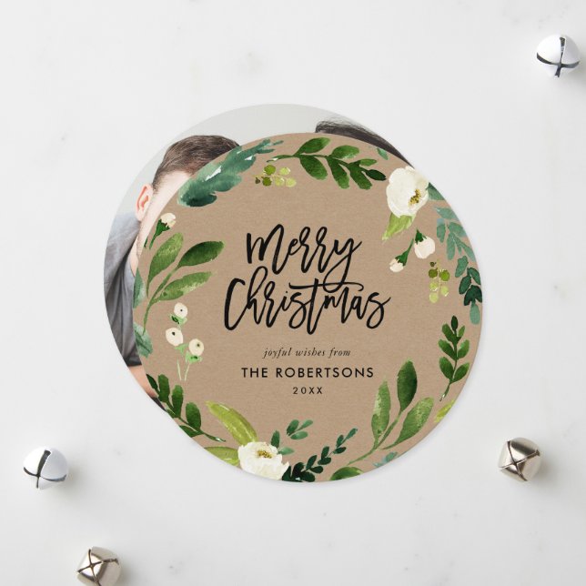 Tarjeta Festiva Dulce Greenery Floral Wreath Round Photo (Anverso/Reverso In Situ)