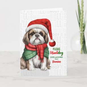 Tarjeta Festiva Dulce perro Shih Tzu Divertidas pulgas Navidog con