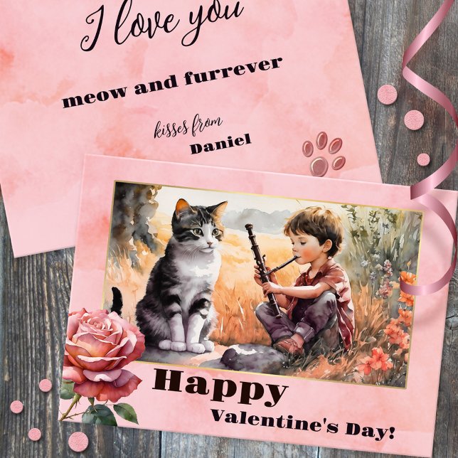Tarjeta Festiva Dulce Romántico Gracioso Gato Feliz Día de San Val (A sweet funny Valentine's Day card with a watercolor of a boy singing a love song for a cute kitty)