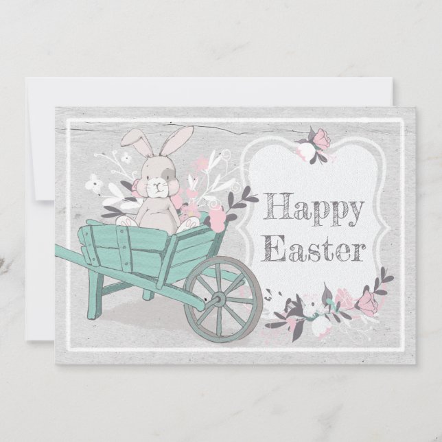 Tarjeta Festiva Dulce Rustic Wheelbarrow Bunny Photo Easter (Anverso)