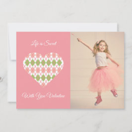 Tarjeta Festiva Dulce San Valentín Argyle de corazón rosa y verde 