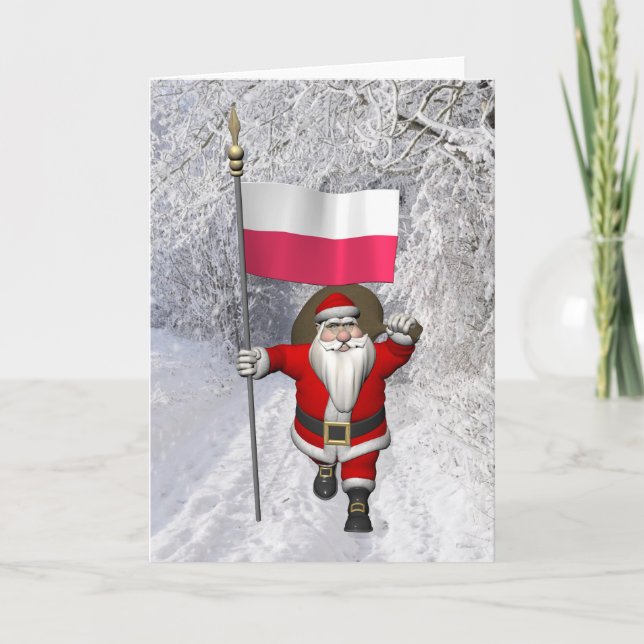 Tarjeta Festiva Dulce Santa Claus Con Bandera De Polonia (Anverso)