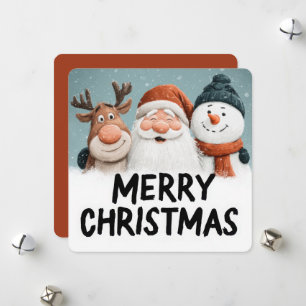 Tarjeta Festiva Dulce Santa de Dibujos Animados Reno Hombre de Nie