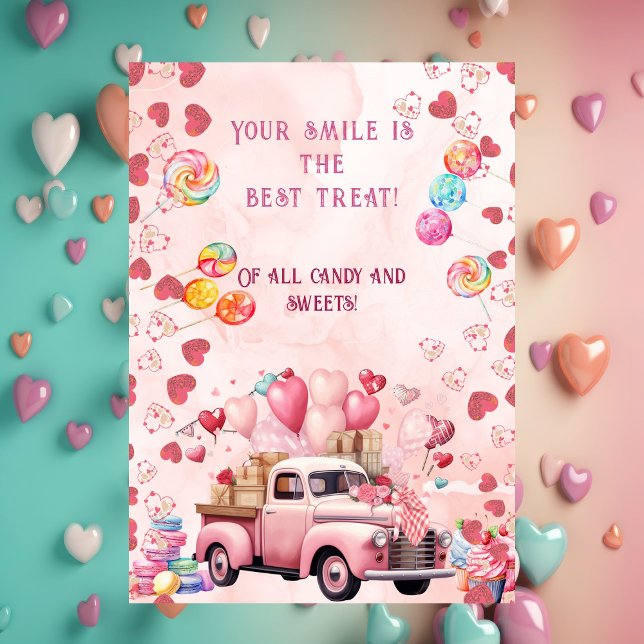 Tarjeta Festiva Dulces dulces globos Camión niños San Valentín ros (Candy Sweets Balloons Truck Kids Pink Valentines Holiday Card)