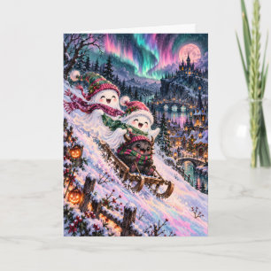 Tarjeta Festiva Dulces Fantasmas y Krampus Sledding Luces del Nort