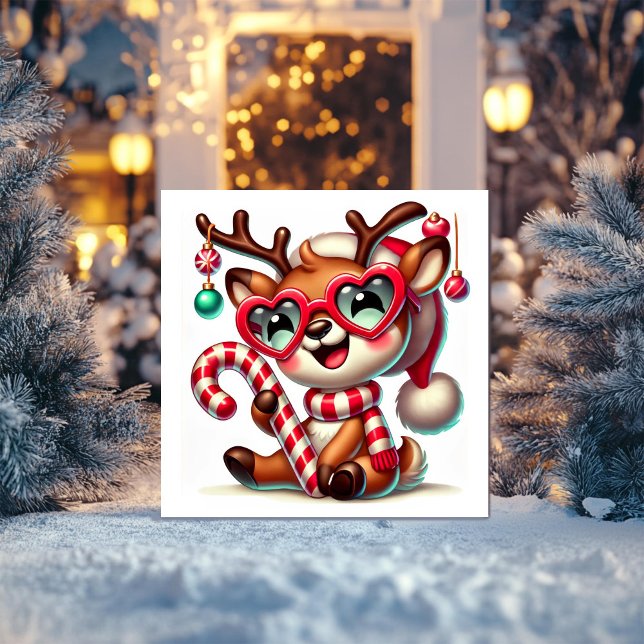 Tarjeta Festiva Dulces renos con bufanda a rayas y bastón de caram (Subido por el creador)